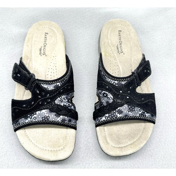 Earth Shoes - Womens Earth Origins Sandals Black Suede Floral Slides Adjustable Sander Sz 8.5